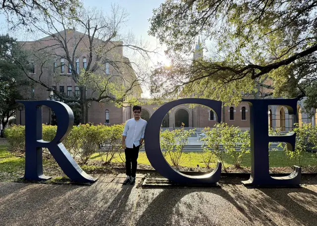 Naim Bin Hasan at the Rice University sign in Houston, Texas, during a PhD visit.