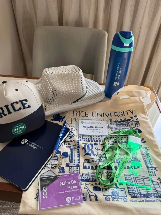 Rice University sociology PhD visit materials with Naim Bin Hasan's name badge.
